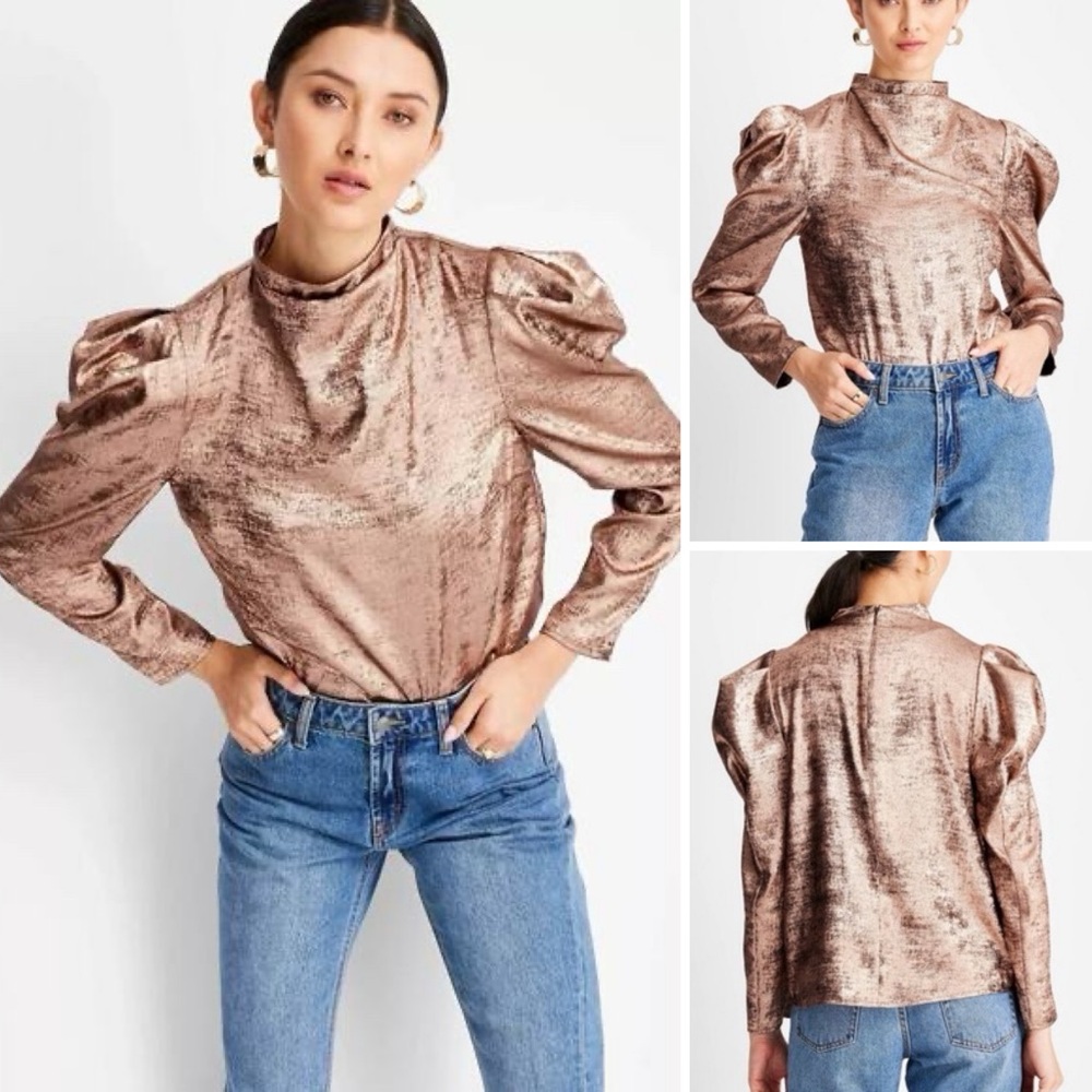 NWOT! Future Collective Puff Shoulder Mock Neck Blouse